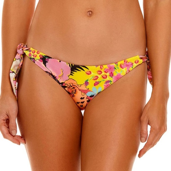 NWT Agua Bendita Haim Praia Metallic Tie Side Floral Bikini Bottom Yellow & Pink - Picture 1 of 9